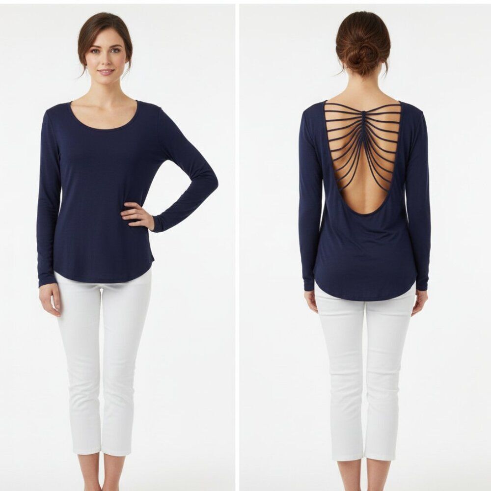 BKE Blue Long Sleeve Strappy Open Back Tee T Shirt Top M